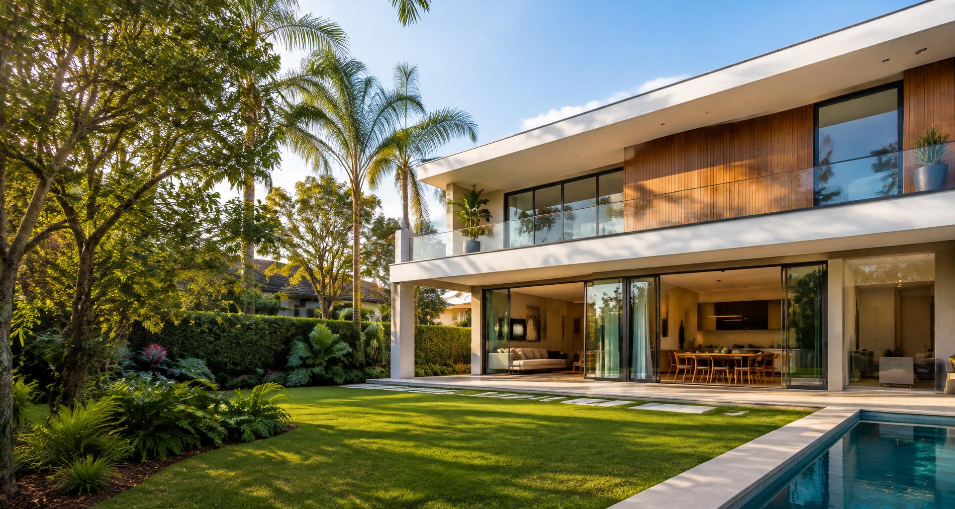 Casa contemporânea com jardim — imagem ilustrativa